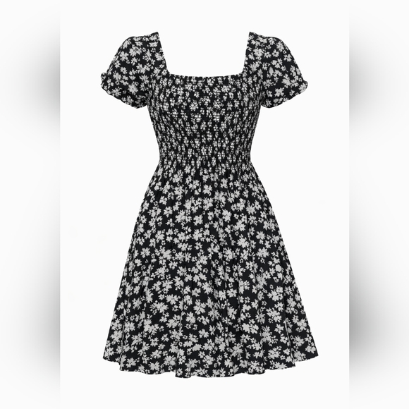 Berydress Black White Floral Smocked Midi Dress Puff Sleeve Square Neck - Picture 1 of 7